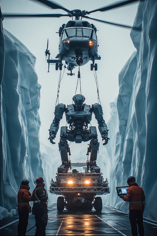 Industrial helicopter lifts a large humanoid robot in an icy canyon with workers nearby.
