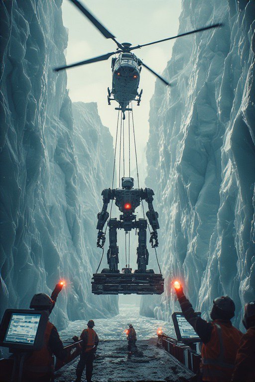 A helicopter hoists a large robotic exoskeleton across an icy canyon as workers in orange vests g...