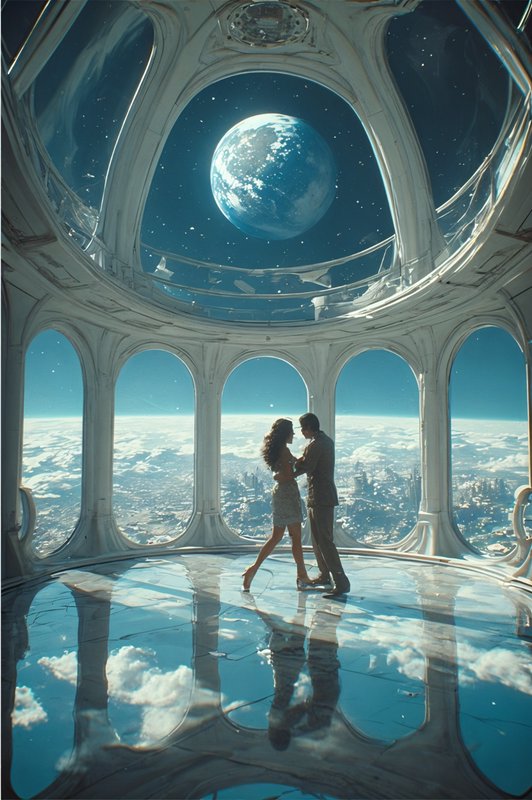A couple dances inside a futuristic glass-domed room with Earth seen over clouds through arched w...