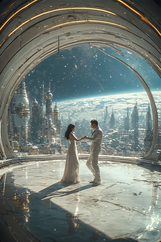 A couple dances in a circular futuristic space station with Earth and a skyline behind them.