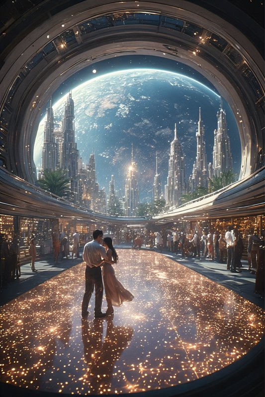 Couple dancing on a sparkling runway inside a circular futuristic city hub with Earth visible out...