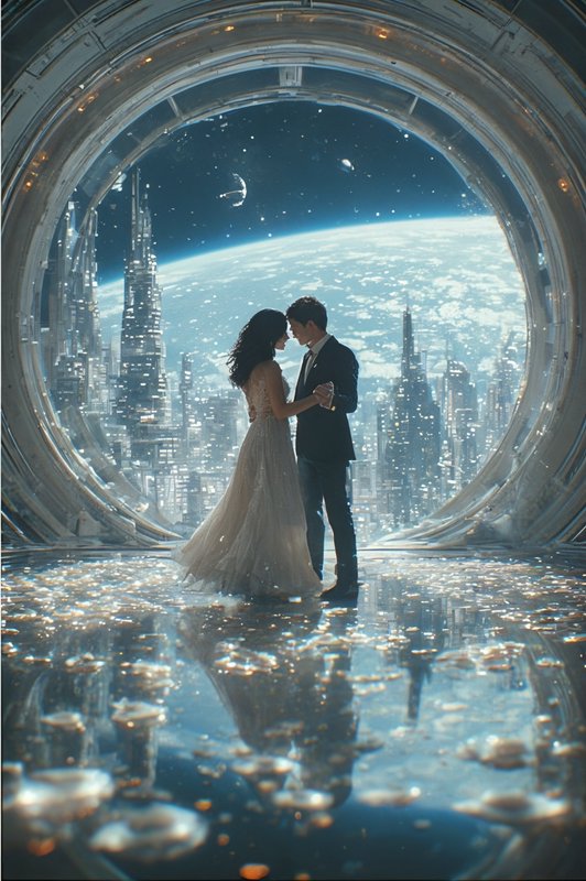 Couple in wedding dress and suit dancing inside a futuristic circular window overlooking Earth an...