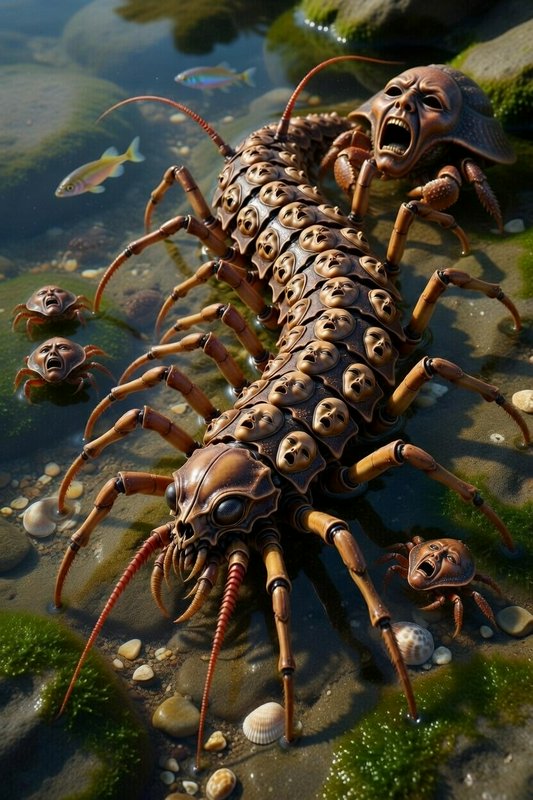 Large fantasy creature with many faces along a segmented body on a rocky shoreline.