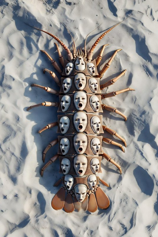 A surreal sand sculpture of a segmented arthropod with numerous white mask faces along its body.