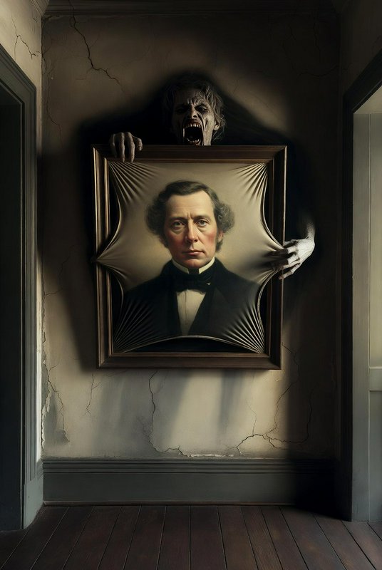 A framed vintage portrait of a stern man in a suit, with a ghostly figure looming behind and grip...