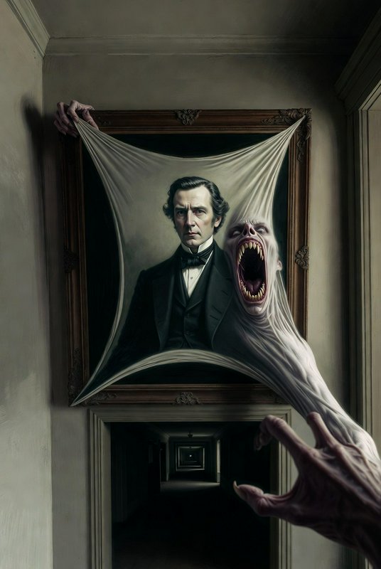 A framed portrait of a stern man in a black suit pulled by a pale monstrous creature with a wide ...