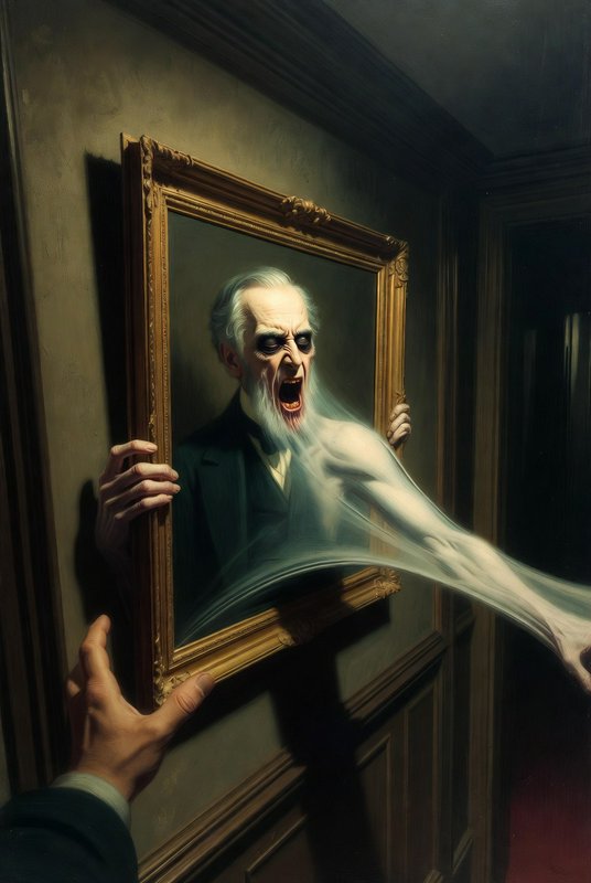 Old man in a framed portrait screams as ghostly energy escapes the painting.