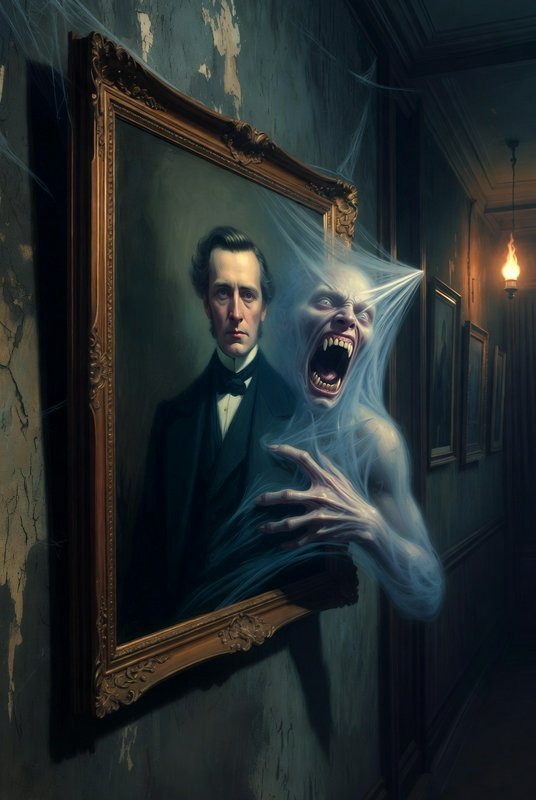Eerie portrait hallway with a ghost emerging from a gilded frame.