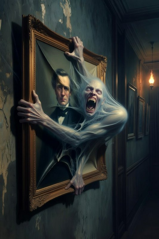 A menacing translucent ghost grabs a man from a framed portrait in a dim, eerie hallway.