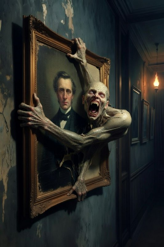 Horror creature bursts through a vintage portrait in a dim, eerie hallway.
