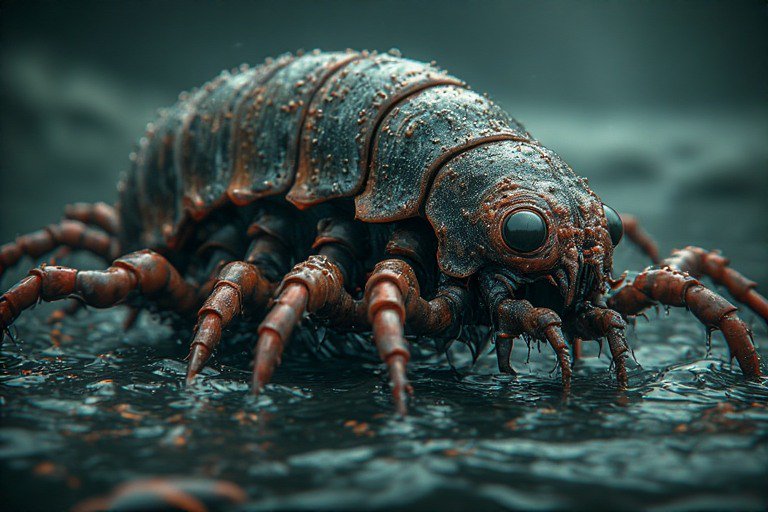 Close-up of a wet, armored isopod-like crustacean on a shiny aquatic surface.