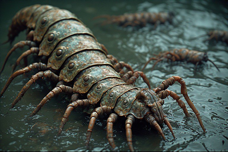 Close-up of a large rust-colored giant isopod with segmented armor on a wet, dark surface