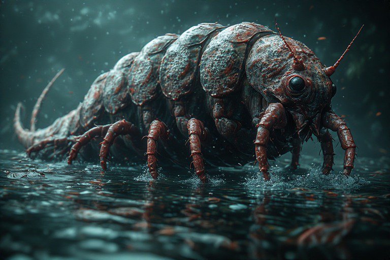 Close-up of a giant, armored isopod-like crustacean crawling on a wet seafloor.
