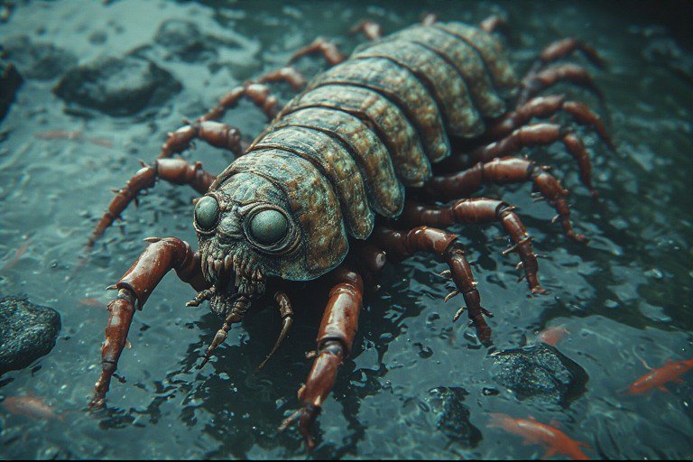 Giant isopod-like crustacean with segmented armor and multiple legs on a wet rocky shore.