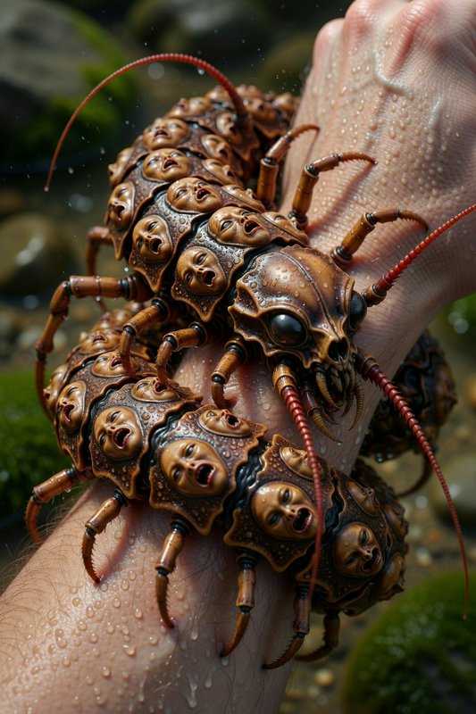 Macro image of a wrist wearing a bracelet made of carved brown beads, each with a human-like face.