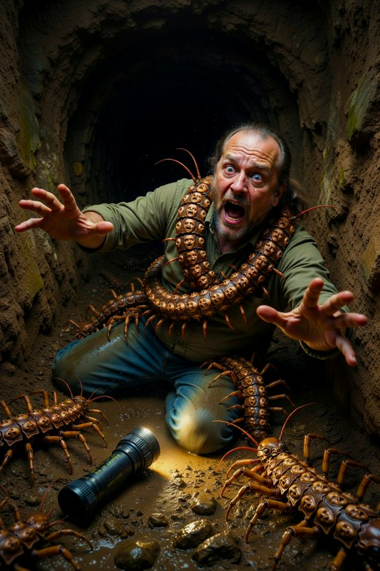 Man in a tunnel trapped by numerous giant orange scorpion-like creatures, flashlight on the groun...