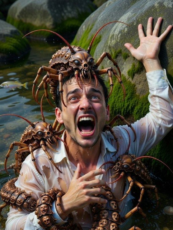 Man screaming in water with multiple large arachnid-like costumes crawling on his head and shoulders