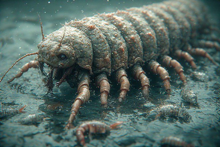 Large giant isopod on a sandy seabed, close-up underwater macro shot.
