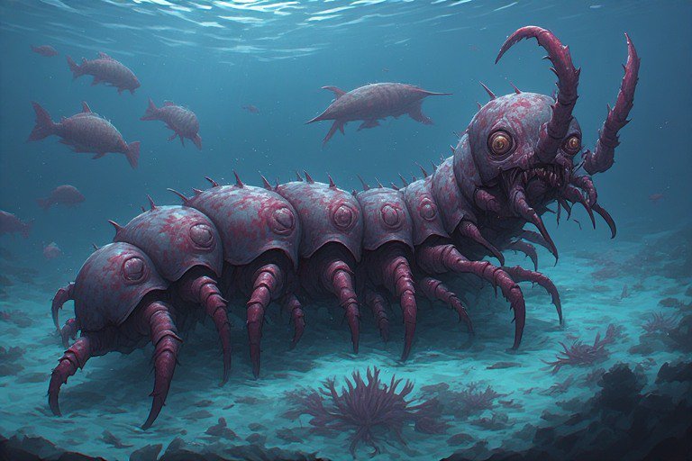 Underwater giant purple crustacean with multiple legs and a curved horned claw swimming over the ...