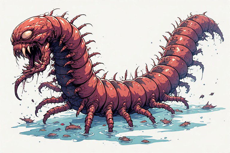 Large red multi-segmented monster centipede with sharp fangs emerging from shallow water.
