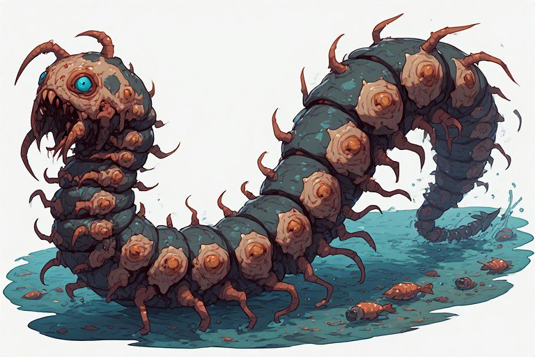 Segmented armored worm-like monster with a large blue eye and mandibles in shallow water.