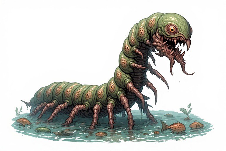 Green multi-eyed larval monster with many legs emerging from a swamp