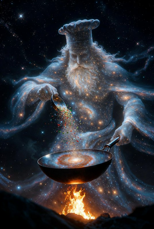 Cosmic wizard chef cooking in space, pouring colorful spices into a glowing frying pan over a cel...