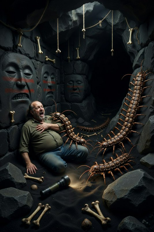 Man in a dark cave confronted by giant centipede-like creatures amid carved stone faces.