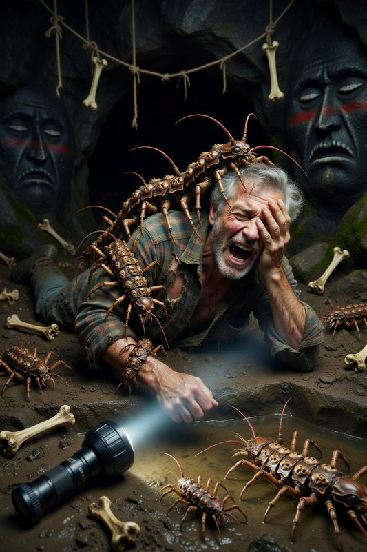 Terrified man in a plaid shirt beset by giant centipede-like creatures in a dark cave.