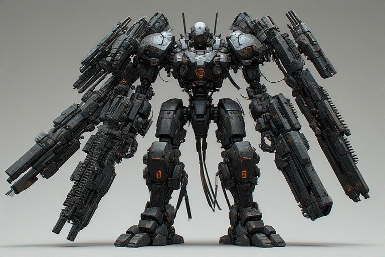Large dark sci-fi mecha robot with oversized weaponized arms