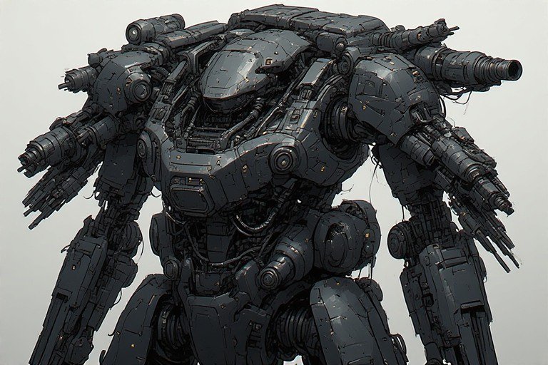 Large dark gray sci-fi battle mech with armored plating and multiple integrated weapons.