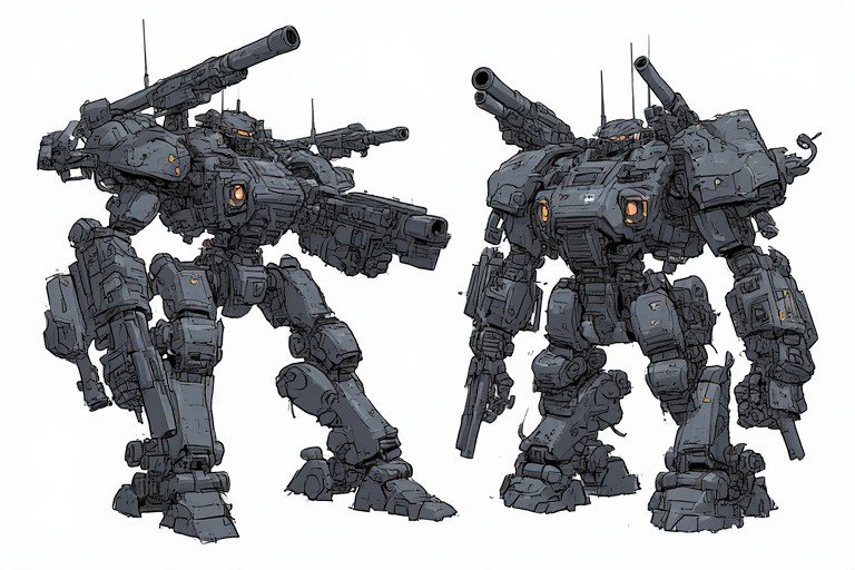 Two dark gray armored battle mechs with heavy cannons and rugged exteriors.