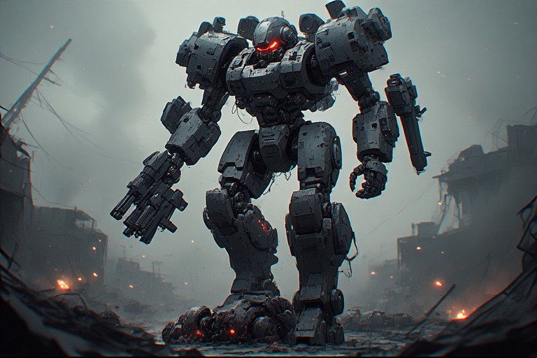 Massive sci-fi combat mech standing on a ruined battlefield with glowing red eyes.