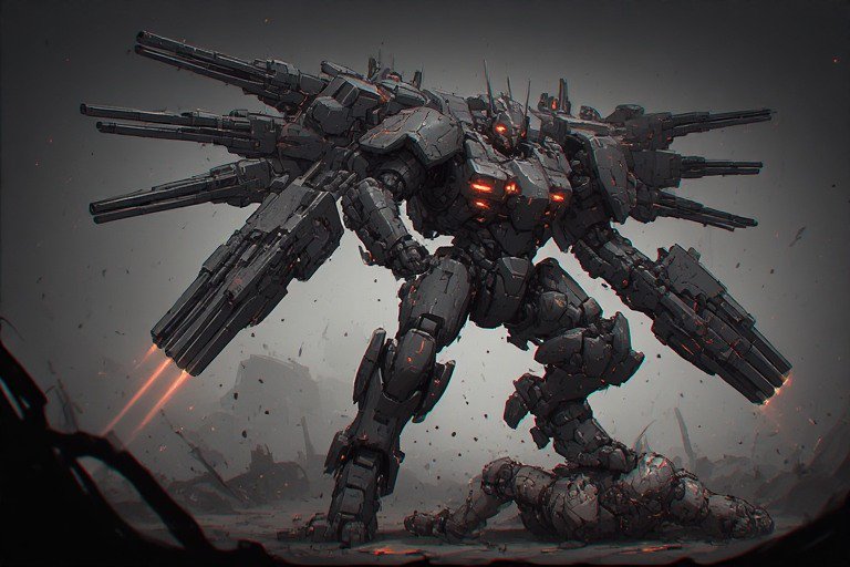 A colossal sci-fi combat mech stands over a fallen foe, heavy armor and multiple cannons blazing ...