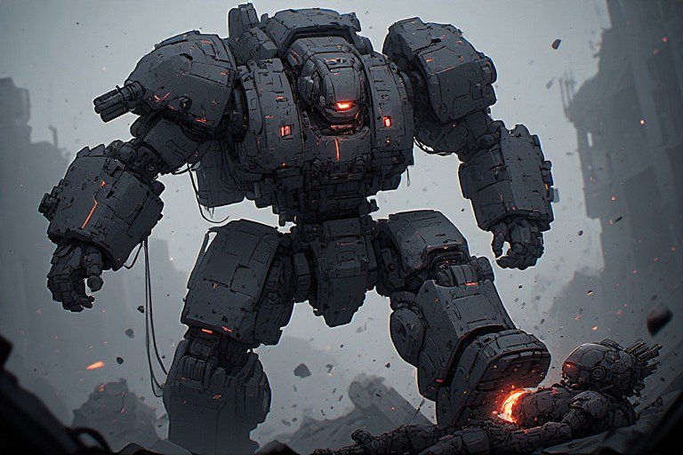 A massive battle mech towers over ruined terrain with a glowing red core.