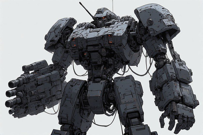 Large dark gray military mech with multiple cannons and exposed cables.