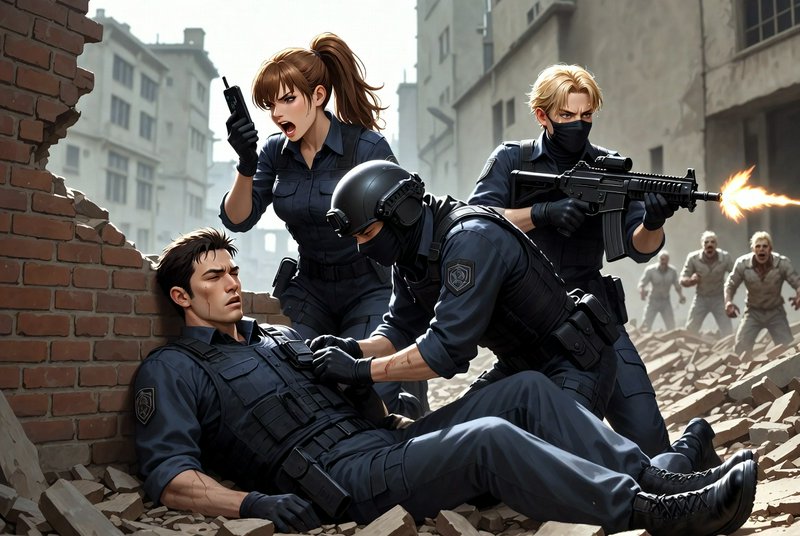 Team of armed officers rescuing an injured man amidst urban rubble in a tense battle scene.