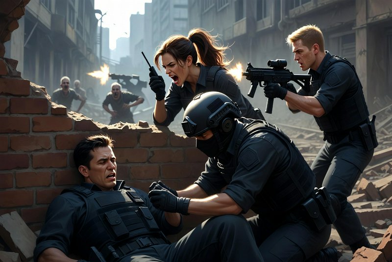 A tense urban battle scene with a female leader directing a rescue amid fallen bricks and armed s...