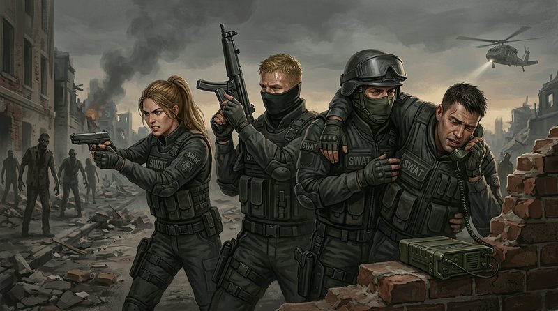 A team of SWAT officers moves through a ruined city, guns drawn, with rubble and smoke around.