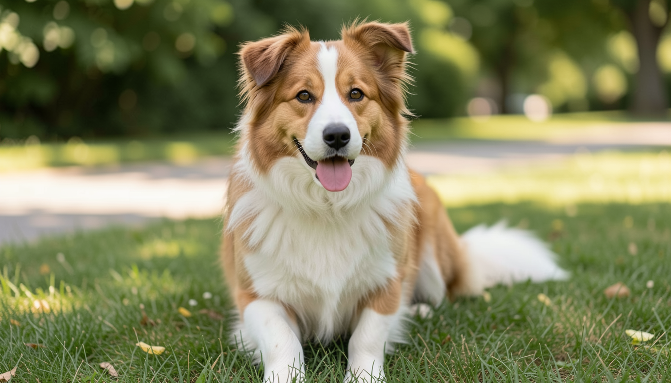 Friendly tan and white fluffy border collie mix lies on sunlit park grass smiling at the camera