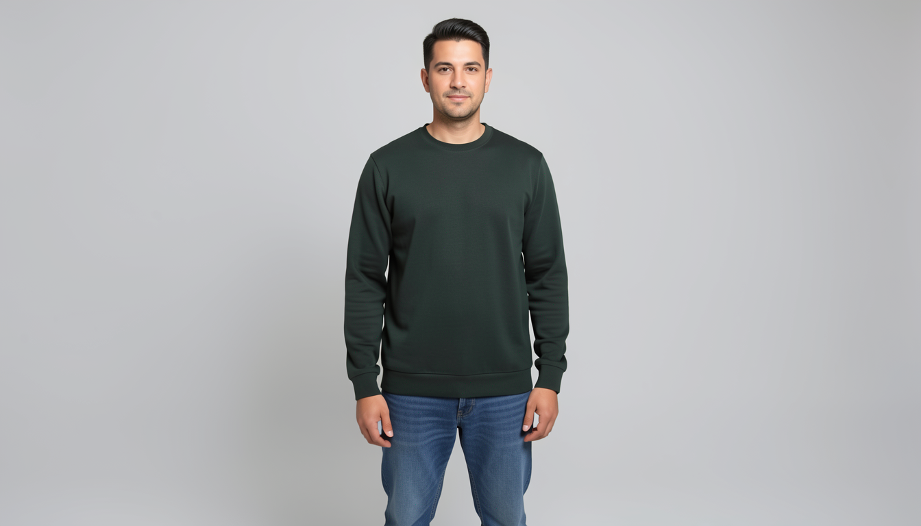 Man wearing a dark green crewneck sweatshirt and blue jeans stands against a plain gray studio background