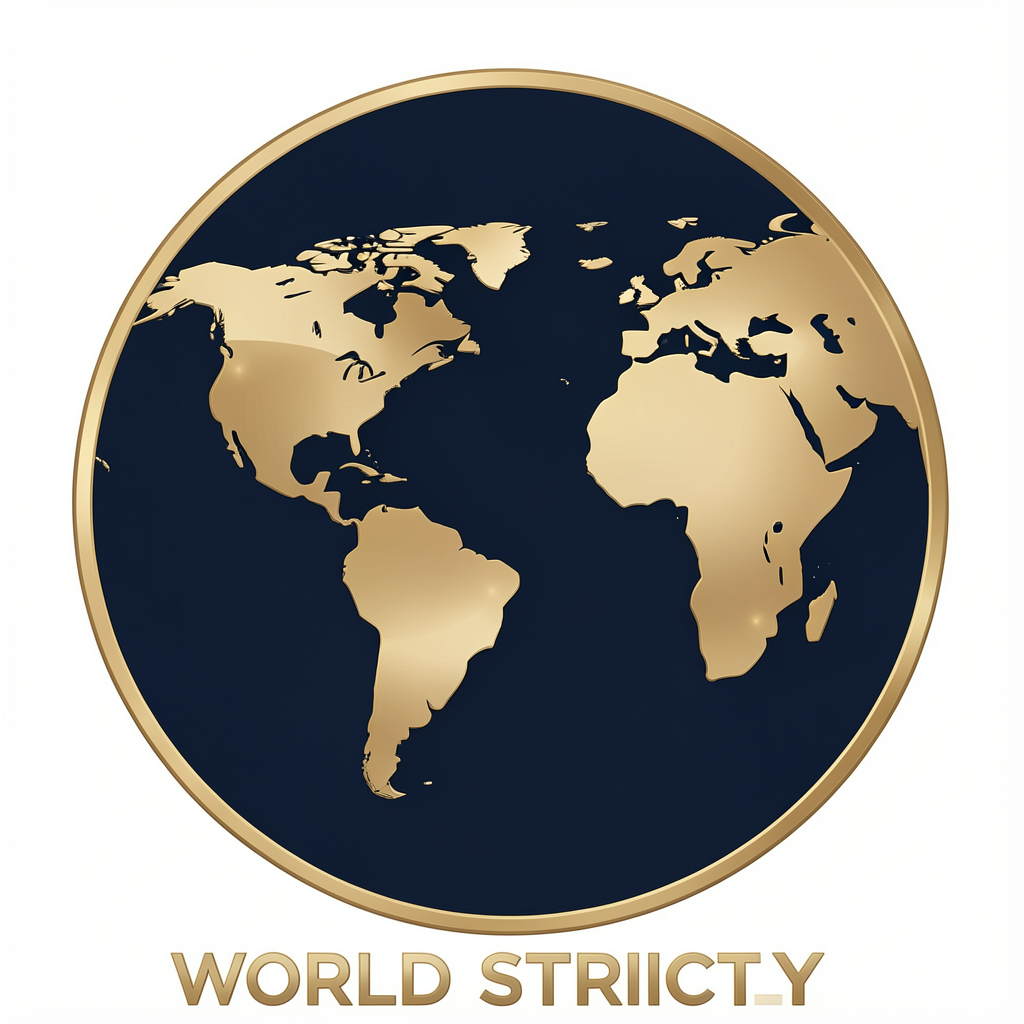Luxury circular logo with gold world map on navy background below stylized gold brand text