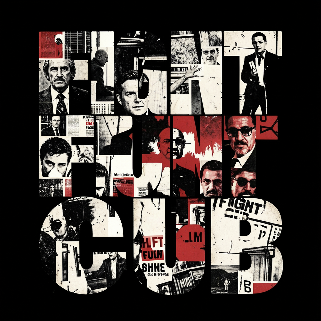 Bold typographic collage filled with vintage gangster portrait clippings on a solid black background