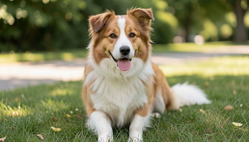 Friendly tan and white fluffy border collie mix lies on sunlit park grass smiling at the camera