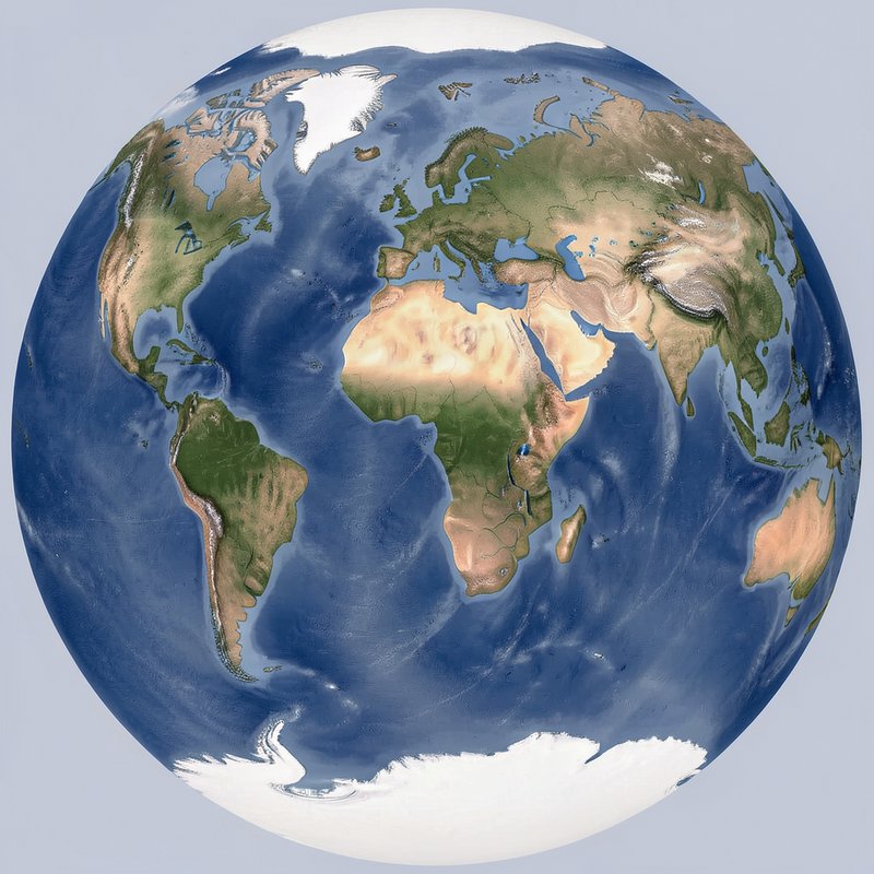 Realistic 3D globe of planet Earth showing all major continents, oceans and polar ice caps