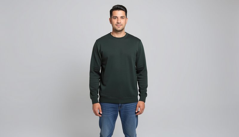 Man wearing a dark green crewneck sweatshirt and blue jeans stands against a plain gray studio ba...