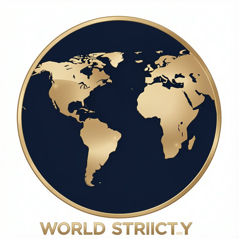 Luxury circular logo with gold world map on navy background below stylized gold brand text