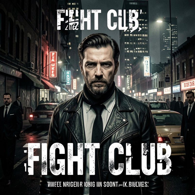 Glitchy AI-generated Fight Club concept poster with a stern bearded man standing on a foggy neon-...