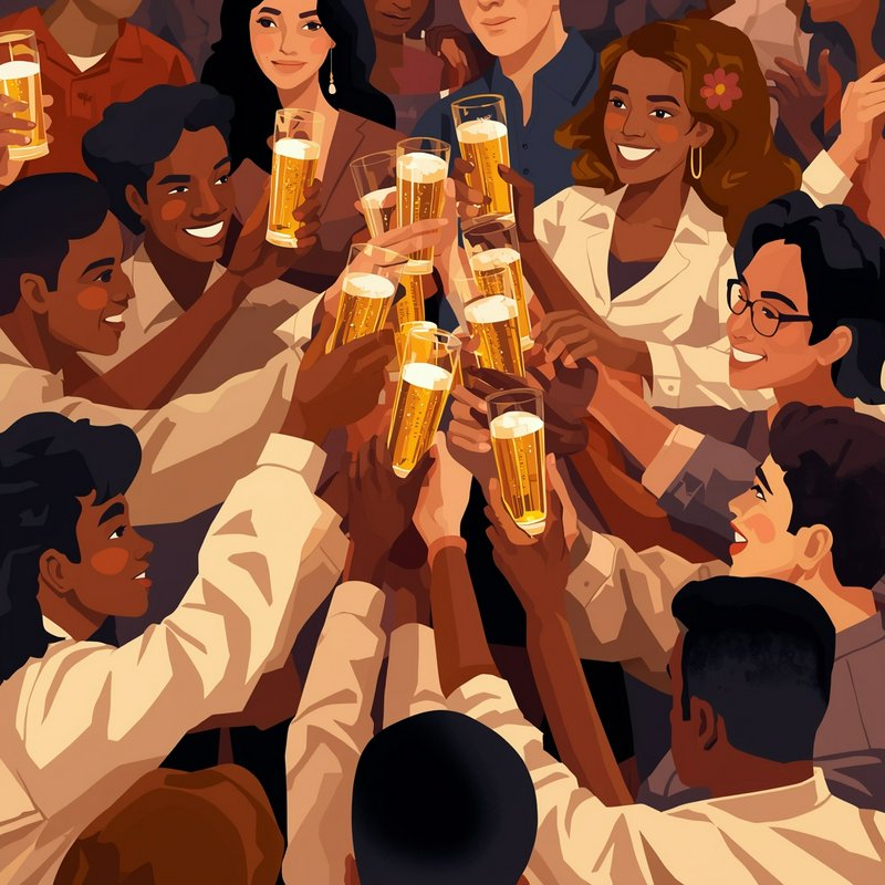 Diverse group of friends raising beer glasses in a festive toast at a lively celebration