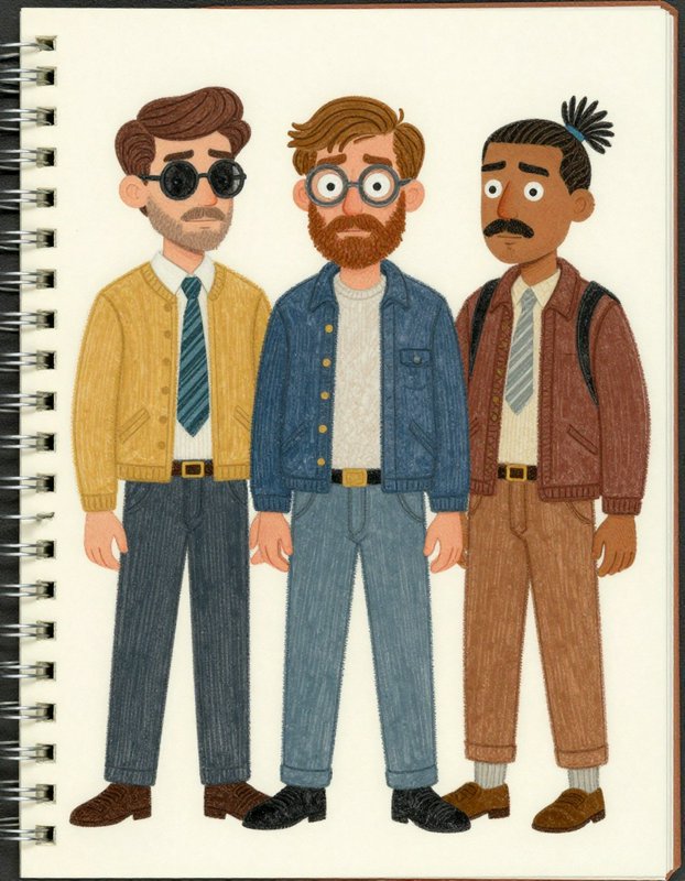Three men in vintage outfits with glasses and beards standing together.